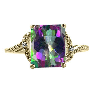 Simple Yellow Gold Emerald-Cut Mystic Fire Topaz Diamond Ring Jewelry