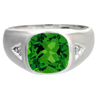 Diamond Antique Cushion Emerald Gemstone Men's White Gold Ring