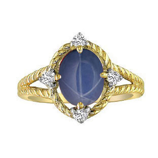 Oval Cut Blue Star Sapphire Diamond Yellow Gold Braided Ring By Gemologica