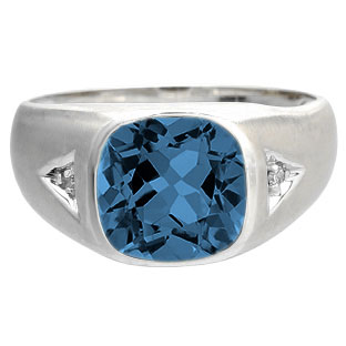 Diamond Antique Cushion London Topaz Gemstone Men's White Gold Ring