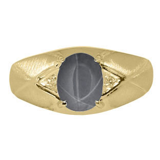Mens Jewelry - Men's Yellow Gold Ring With Grey Star Sapphire Stone and Diamonds