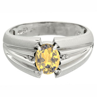 Men's Oval Cut Citrine Stone Diamond White Gold Ring