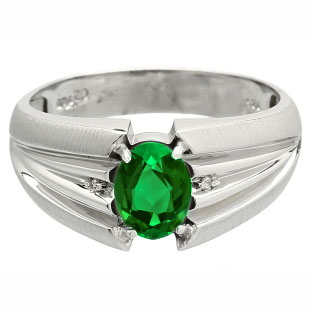 Men's Oval Cut Emerald Stone Diamond White Gold Ring