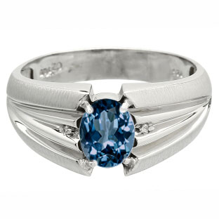 Men's Oval Cut London Topaz Stone Diamond White Gold Ring