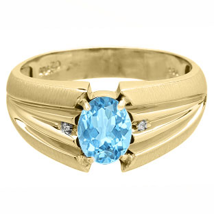Oval Cut Blue Topaz Stone Diamond Men's Gold Ring