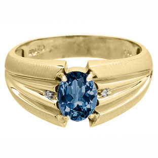 Oval Cut London Topaz Stone Diamond Men's Gold Ring