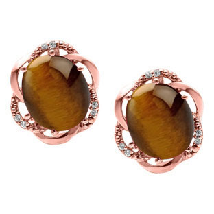 Bold Oval Cut Tiger Eye Gemstone Diamond Rose Gold Earrings by Gemologica