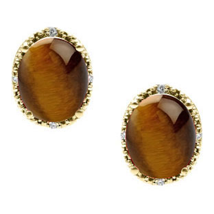 Simple Oval Tiger Eye Diamond Yellow Gold Stud Earrings For Women by Gemologica