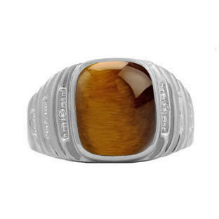 White Gold and Diamond Mens Tiger's Eye Ring by Gemologica