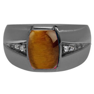 Custom Made Men's Barrel Cut Tiger Eye Diamond Ring In Black Gold by Gemologica
