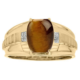 Cushion Cut Tiger Eye Stone Diamond Men's Ring In Yellow Gold by Gemologica