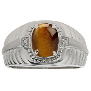 Cushion Cut Tiger Eye Stone Diamond Men's Ring In Sterling Silver by Gemologica