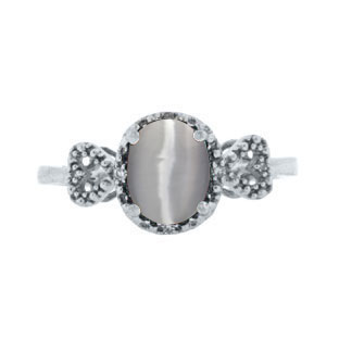 Diamond Oval Light Grey Cats Eye Stone White Gold Ring by Gemologica Jewelry