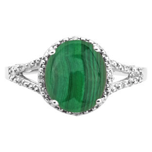 Simple Oval Cut Malachite Diamond White Gold Ring For Women By Gemologica