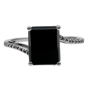 Emerald-Cut Black Onyx Birthstone Diamond Black Gold Ring by Gemologica