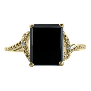 Simple Yellow Gold Emerald-Cut Black Onyx Diamond Ring by Gemologica