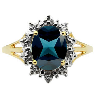 Diamond Oval London Blue Topaz Gemstone Yellow Gold Starburst Ring by Gemologica