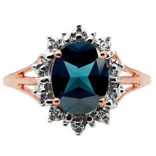 Diamond Oval London Blue Topaz Gemstone Rose Gold Starburst Ring by Gemologica