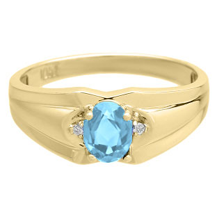 Mens Ring With Oval Cut Blue Topaz Stone and Diamonds In Yellow Gold