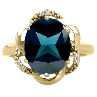 Bold Oval Cut London Blue Topaz Gemstone Diamond Yellow Gold Ring by Gemologica