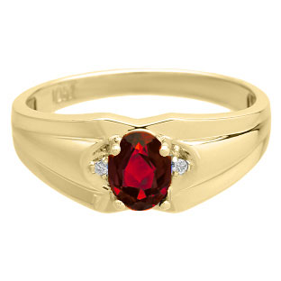 Mens Ring With Oval Cut Garnet Stone and Diamonds In Yellow Gold