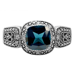 Cushion-Cut London Blue Topaz Black Gold Diamond Filigree Vintage Style Ring