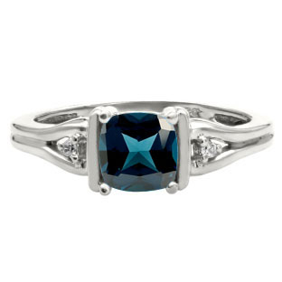 Simple Cushion London Blue Topaz Stone Diamond White Gold Ring by Gemologica