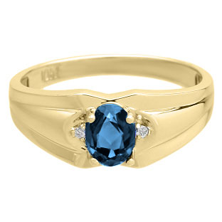 Mens Ring With Oval Cut London Topaz Stone and Diamonds In Yellow Gold