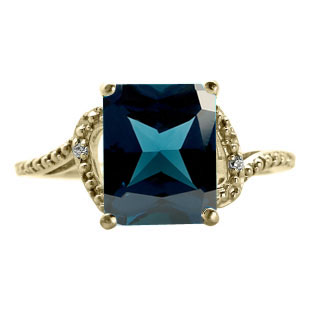 Simple Yellow Gold Emerald-Cut London Blue Topaz Diamond Ring by Gemologica
