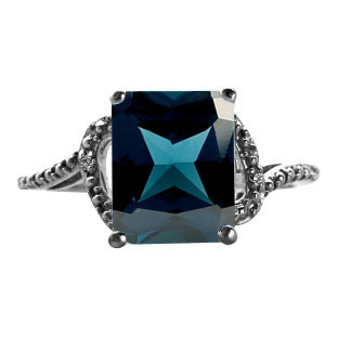 Simple Black Gold Emerald-Cut London Blue Topaz Diamond Ring by Gemologica