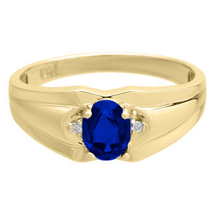 Mens Ring With Oval Cut Sapphire Stone and Diamonds In Yellow Gold