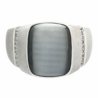 Rectangular Grey Cats Eye and Diamond Men's Sterling Silver Ring by Gemologica