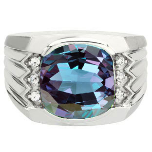 Large Men's Cushion Cut Alexandrite Diamond White Gold Ring by Gemologica