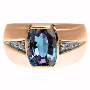 Custom Made Men's Barrel Cut Alexandrite Stone Diamond Ring In Rose Gold