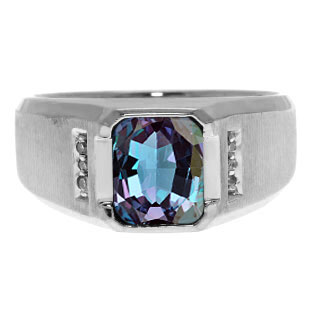 Diamond Emerald Cut Alexandrite Gemstone Men's Ring In White Gold By Gemologica