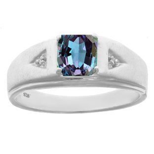 Diamond and Princess Cut Alexandrite Mens Ring In Sterling Silver By Gemologica