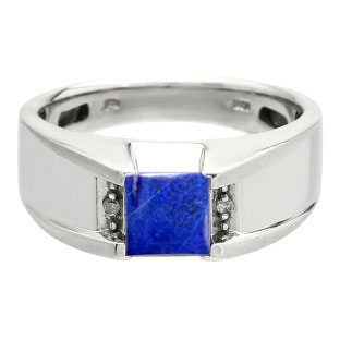 Diamond and Square Lapis Men's Sterling Silver Ring
