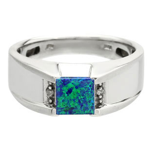 Diamond and Square Australian Opal Men's Sterling Silver Ring