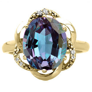 Bold Oval Cut Alexandrite Gemstone Diamond Yellow Gold Ring by Gemologica