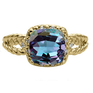 Cushion Cut Alexandrite Stone Yellow Gold Diamond Braided Ring by Gemologica