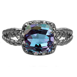 Cushion Cut Alexandrite Stone Black Gold Diamond Braided Ring by Gemologica