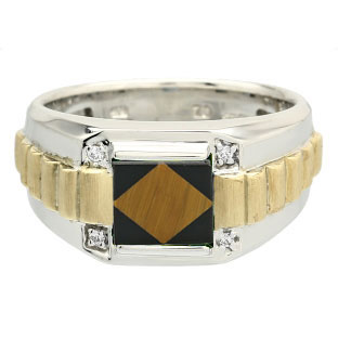 Men's Square Tiger Eye Onyx Diamond Two Tone 14K Gold Silver Ring