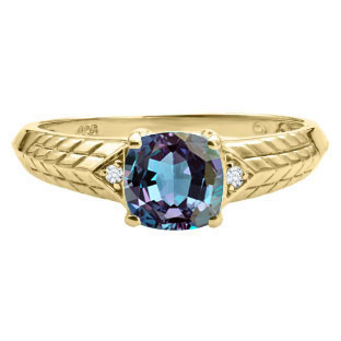 Diamond Cushion Cut Alexandrite Birthstone Yellow Gold Ring by Gemologica