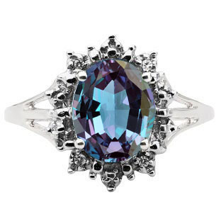 Diamond Oval Alexandrite Gemstone Sterling Silver Starburst Ring by Gemologica
