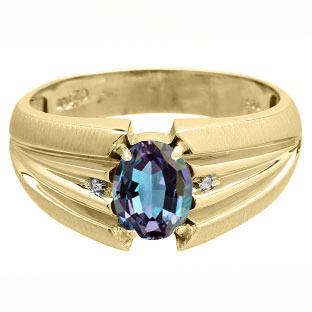 Oval Cut Alexandrite Stone Diamond Men's Yellow Gold Ring By Gemologica