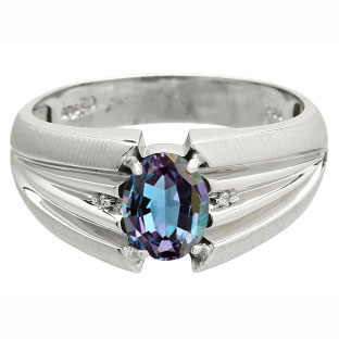 Oval Cut Alexandrite Stone Diamond Men's White Gold Ring By Gemologica