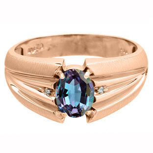 Oval Cut Alexandrite Stone Diamond Men's Rose Gold Ring By Gemologica