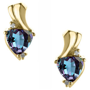 Trillion Cut Alexandrite Birthstone Diamond Yellow Gold Earrings By Gemologica