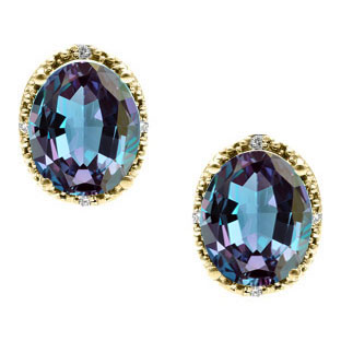 Simple Oval Cut Alexandrite Diamond Yellow Gold Stud Earrings For Women