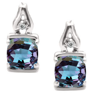 Simple Cushion Alexandrite Birthstone Diamond White Gold Earrings By Gemologica